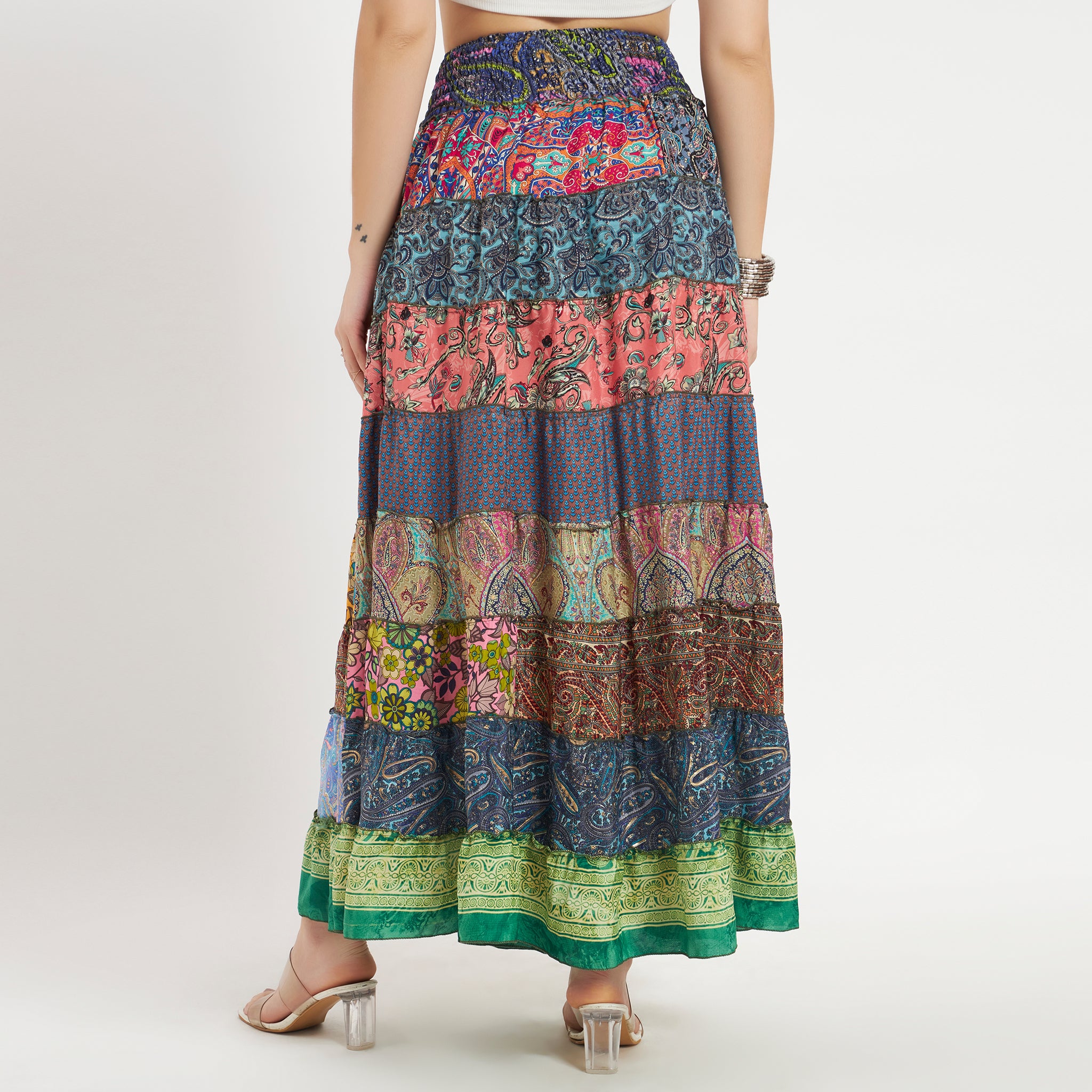 Handmade Sari Silk Smocked Waist Tiered Patchwork Skirt