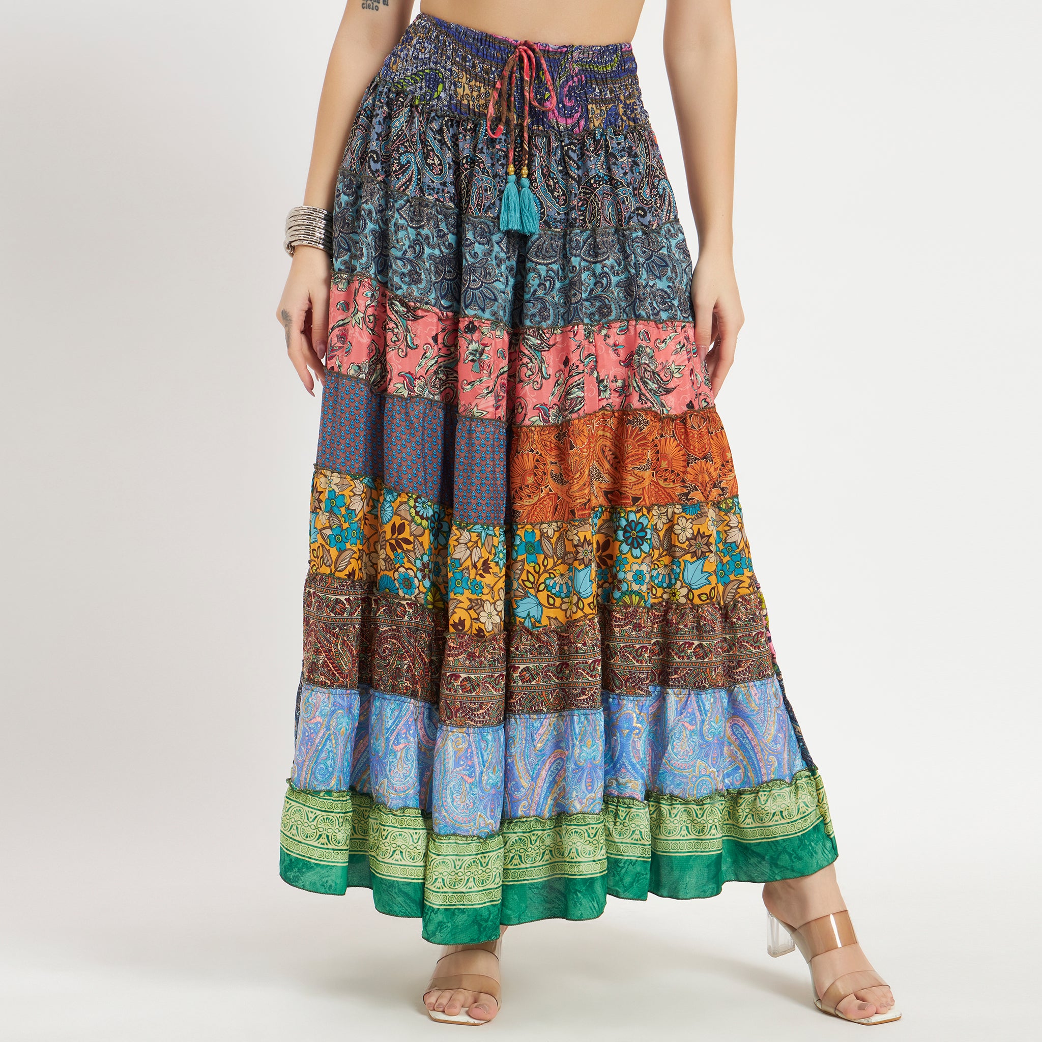 Handmade Sari Silk Smocked Waist Tiered Patchwork Skirt