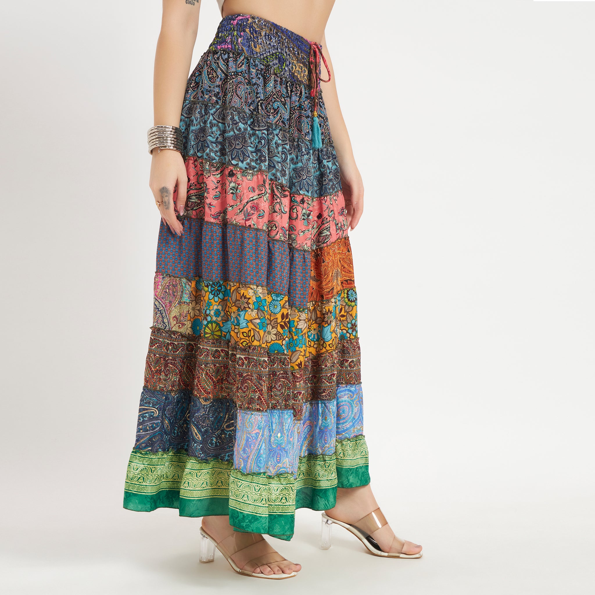 Handmade Sari Silk Smocked Waist Tiered Patchwork Skirt