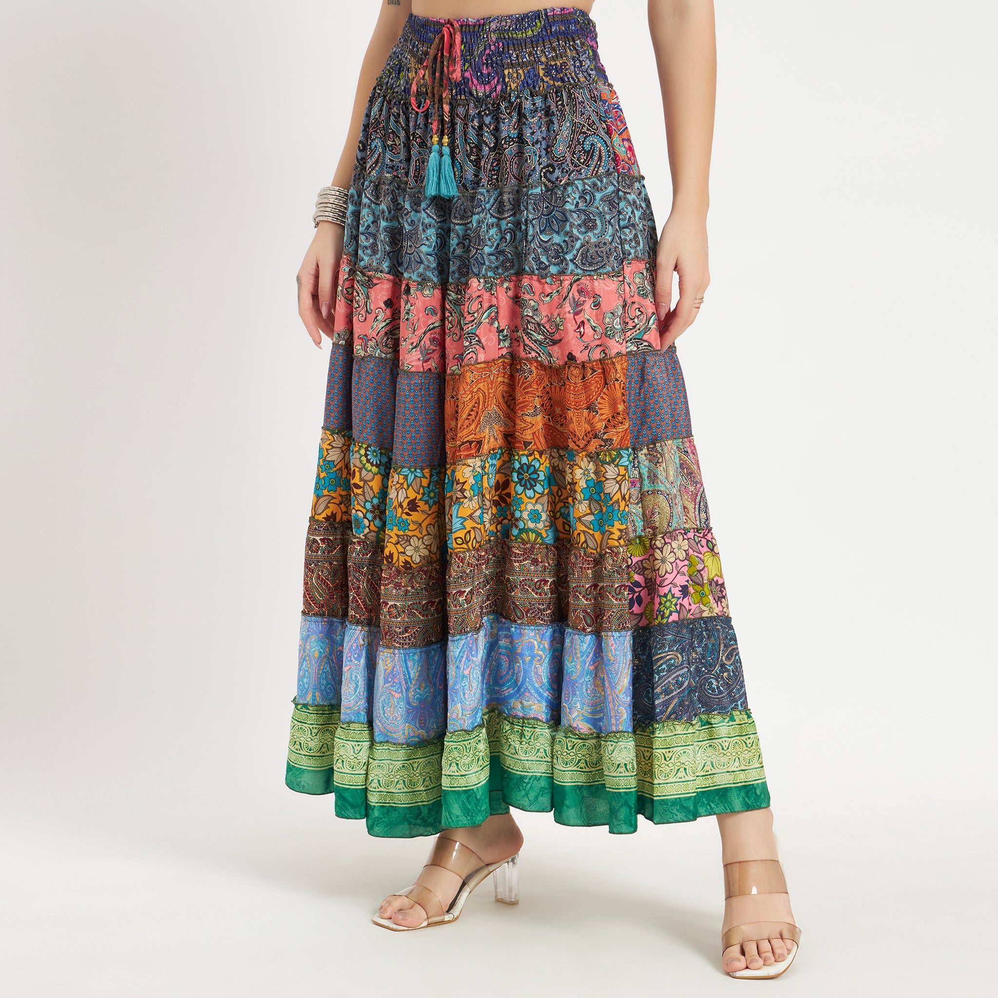Handmade Sari Silk Smocked Waist Tiered Patchwork Skirt