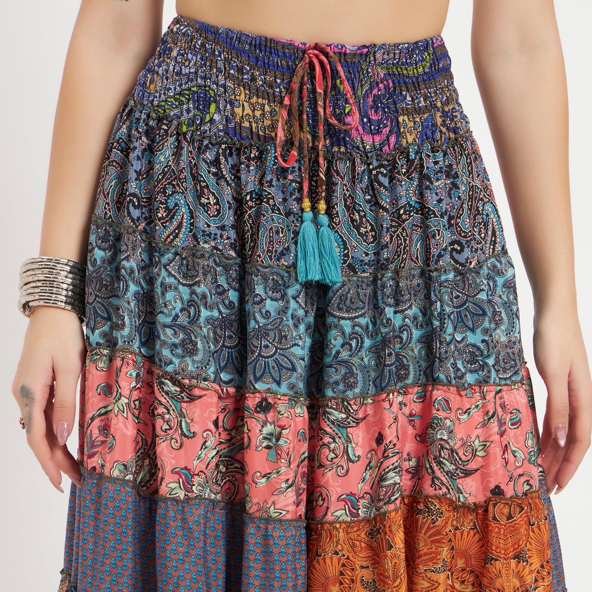 Handmade Sari Silk Smocked Waist Tiered Patchwork Skirt