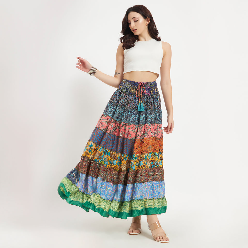 Handmade Sari Silk Smocked Waist Tiered Patchwork Skirt