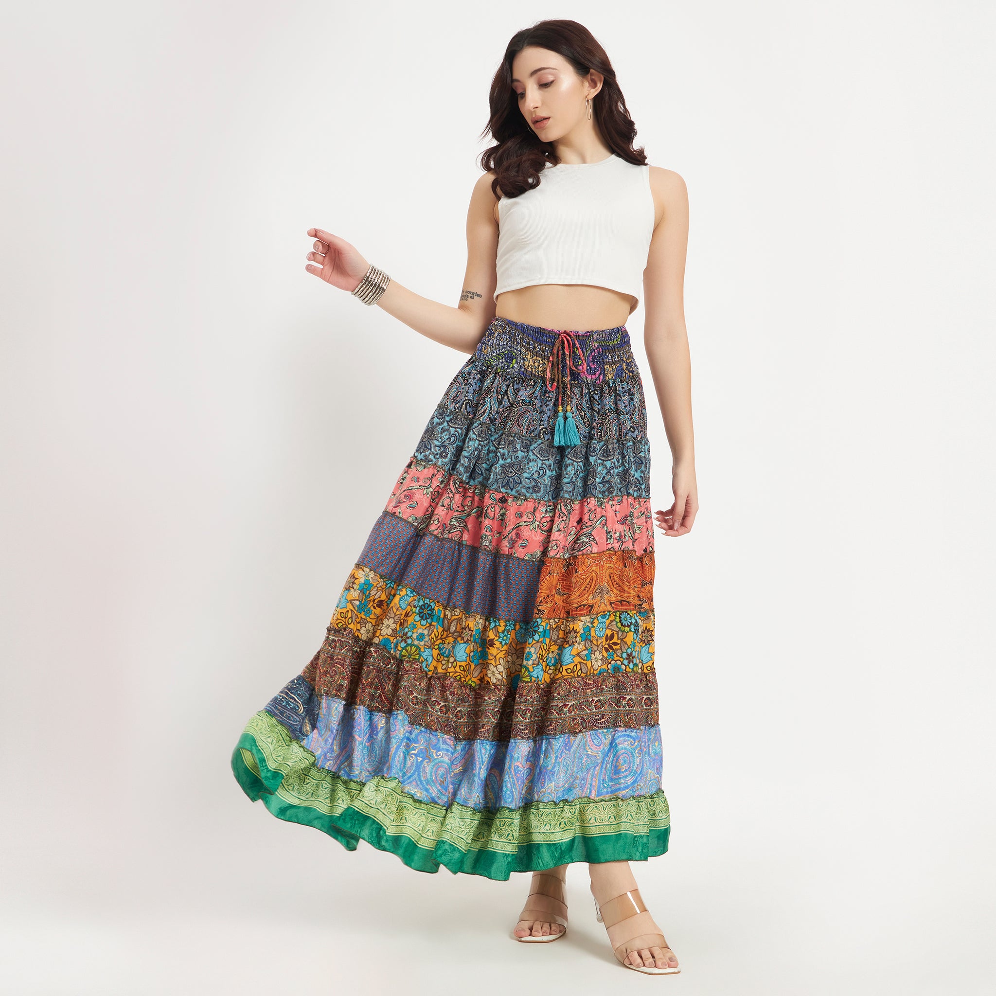 Handmade Sari Silk Smocked Waist Tiered Patchwork Skirt