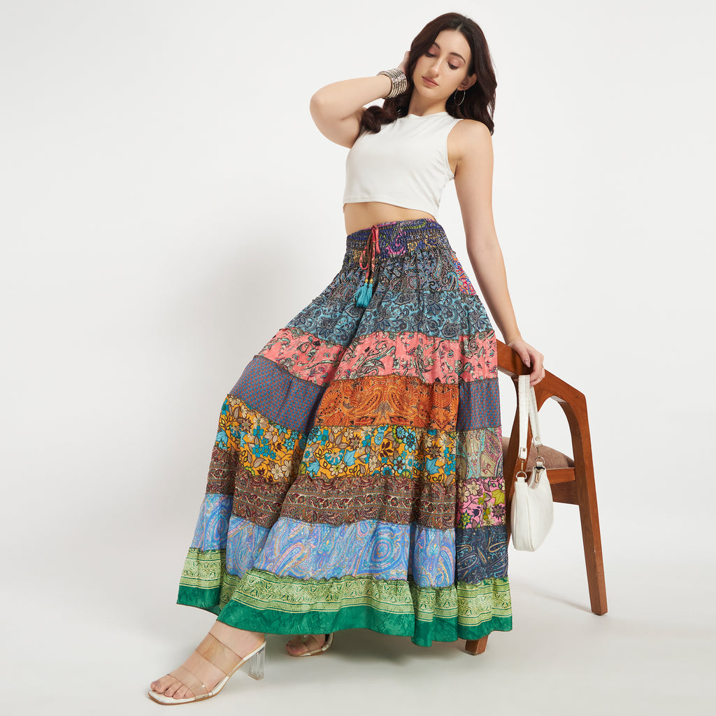 Handmade Sari Silk Smocked Waist Tiered Patchwork Skirt