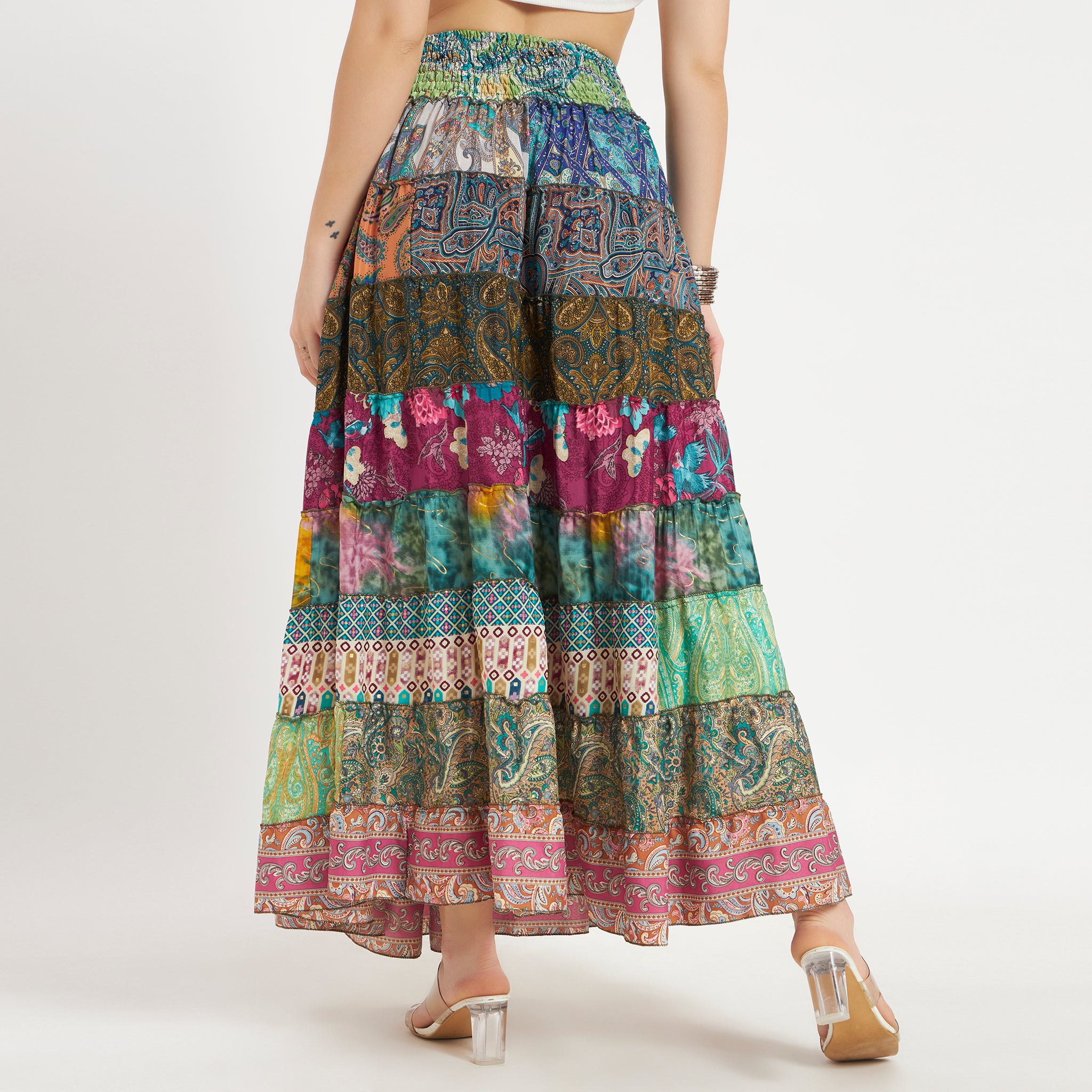 Tiered Patchwork Colorful Sari Silk Skirt with Smocked Waist