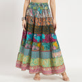Tiered Patchwork Colorful Sari Silk Skirt with Smocked Waist