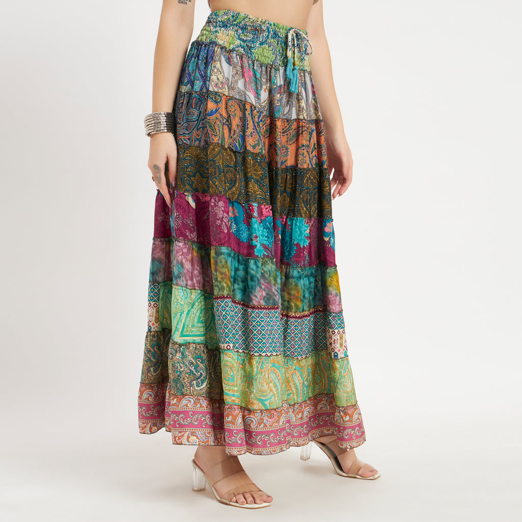 Tiered Patchwork Colorful Sari Silk Skirt with Smocked Waist