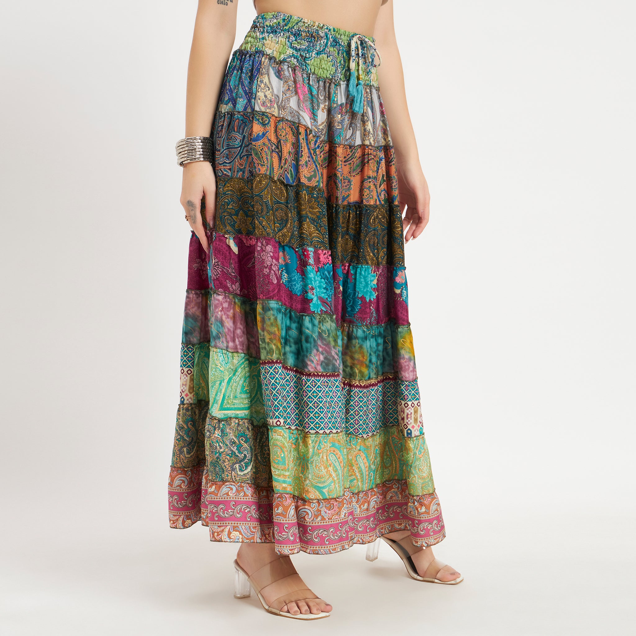 Tiered Patchwork Colorful Sari Silk Skirt with Smocked Waist