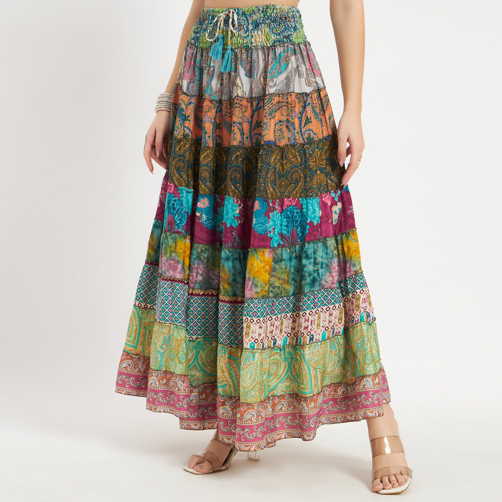 Tiered Patchwork Colorful Sari Silk Skirt with Smocked Waist