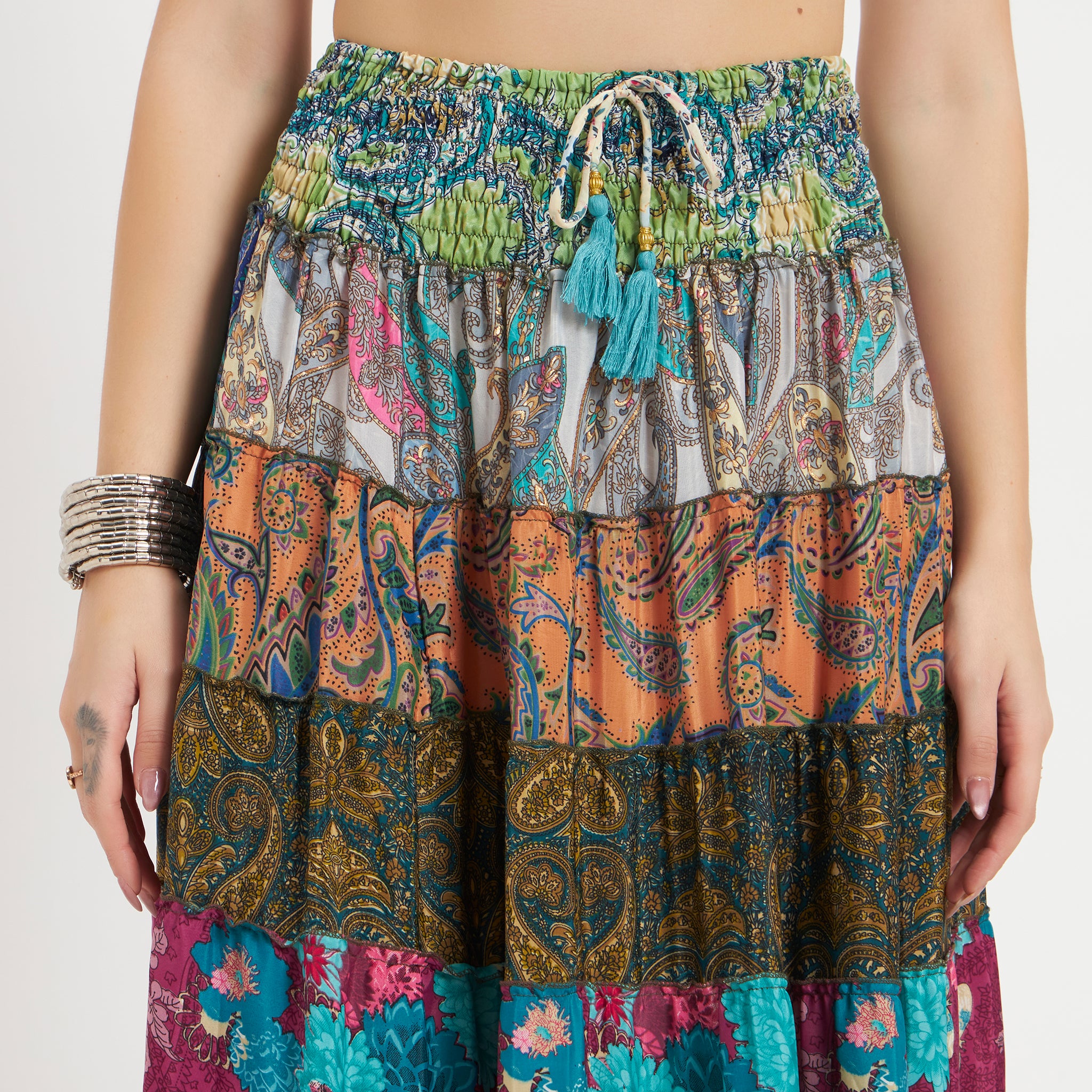 Tiered Patchwork Colorful Sari Silk Skirt with Smocked Waist