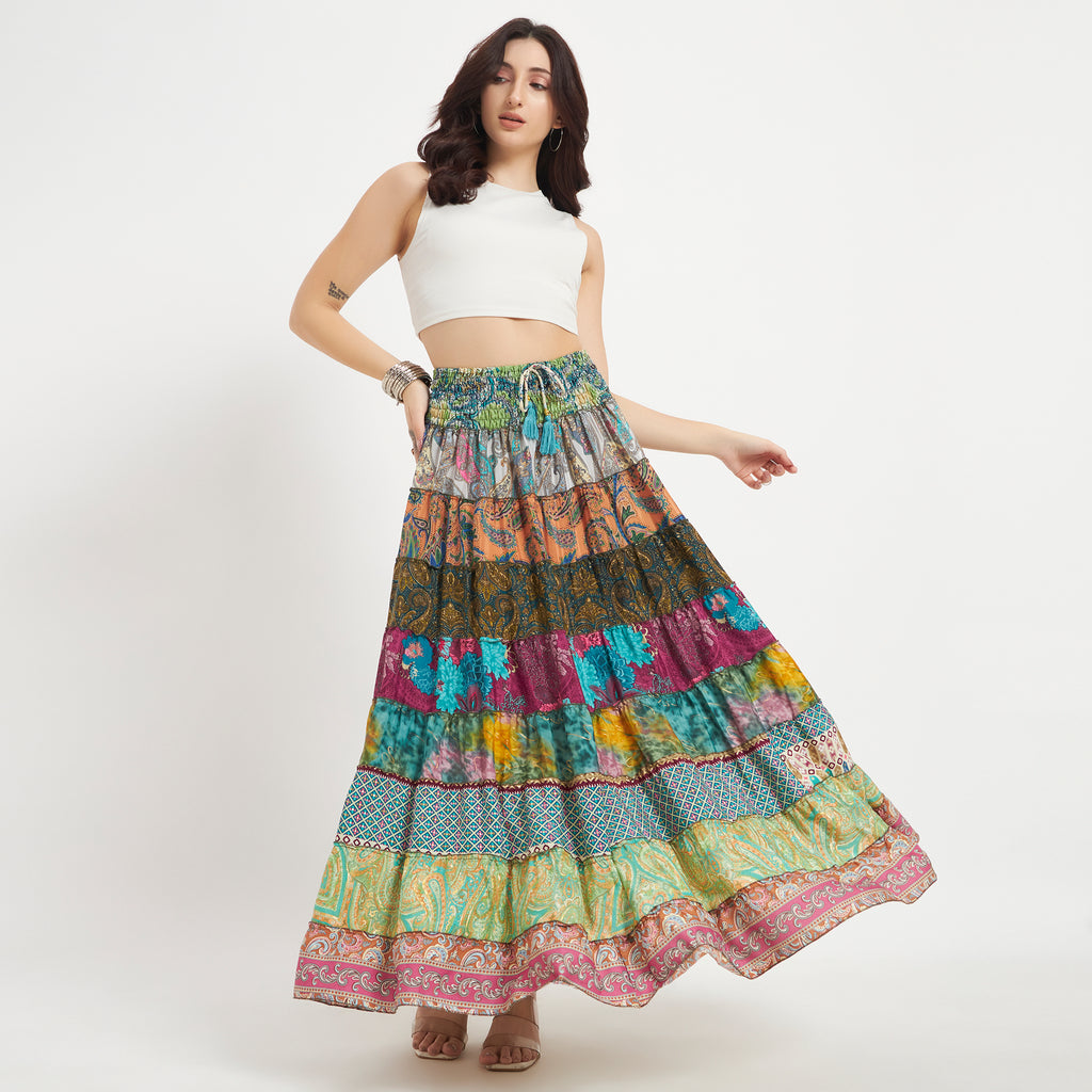 Tiered Patchwork Colorful Sari Silk Skirt with Smocked Waist