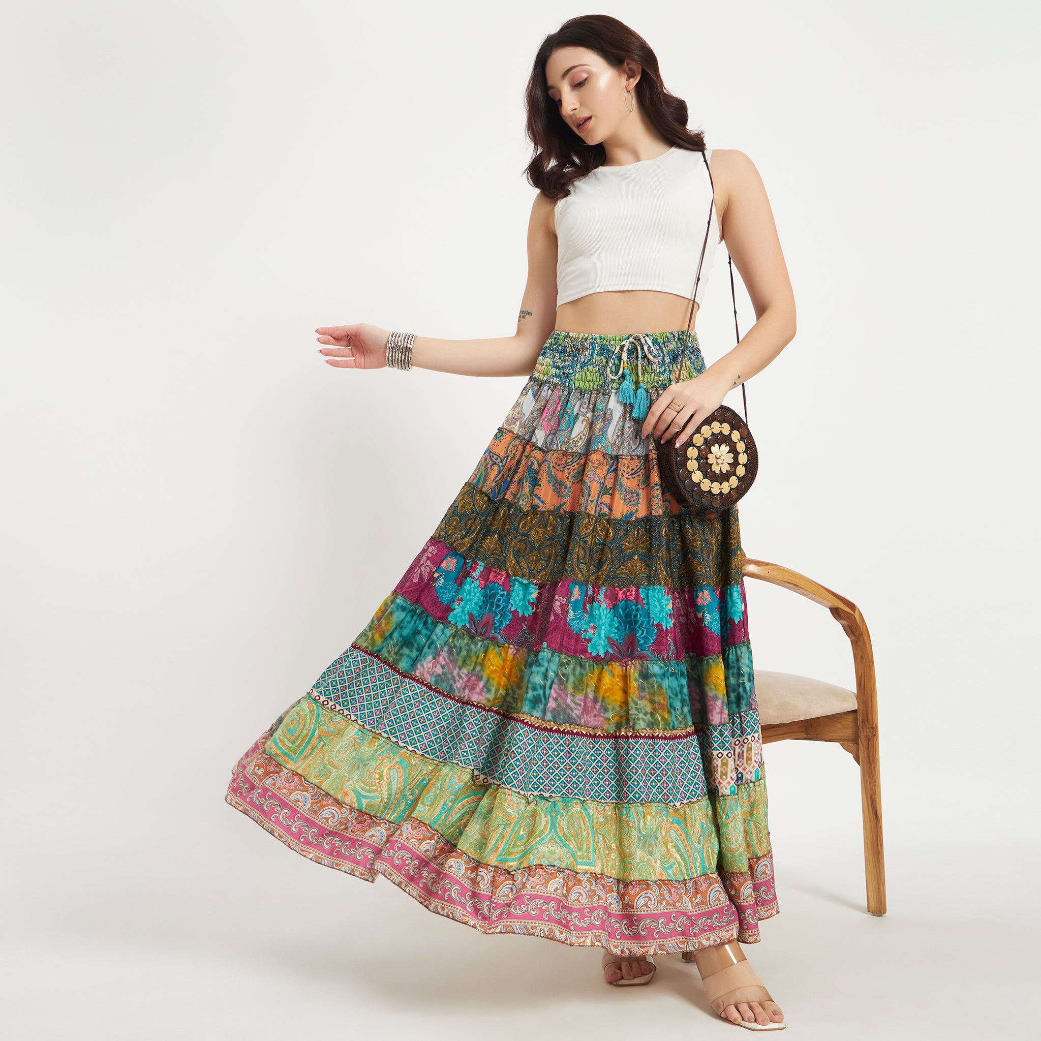 Tiered Patchwork Colorful Sari Silk Skirt with Smocked Waist