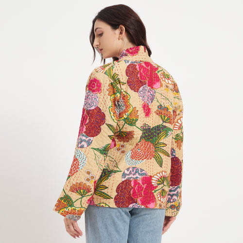 Beige Printed Cotton Kantha Jacket