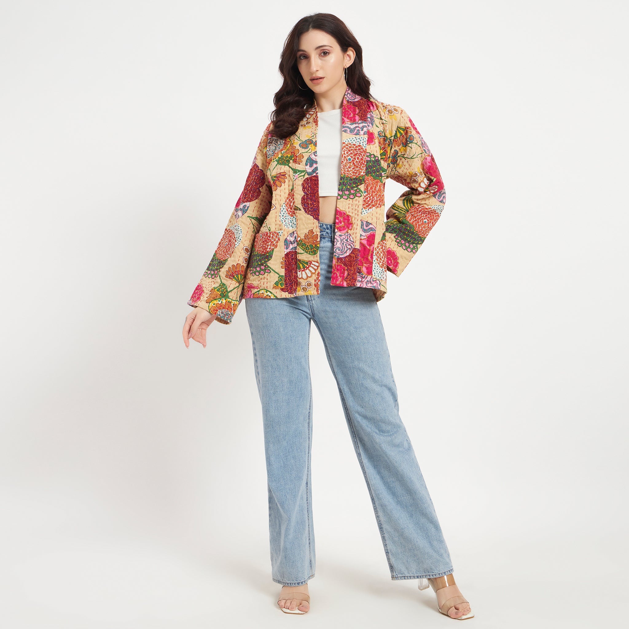 Beige Printed Cotton Kantha Jacket