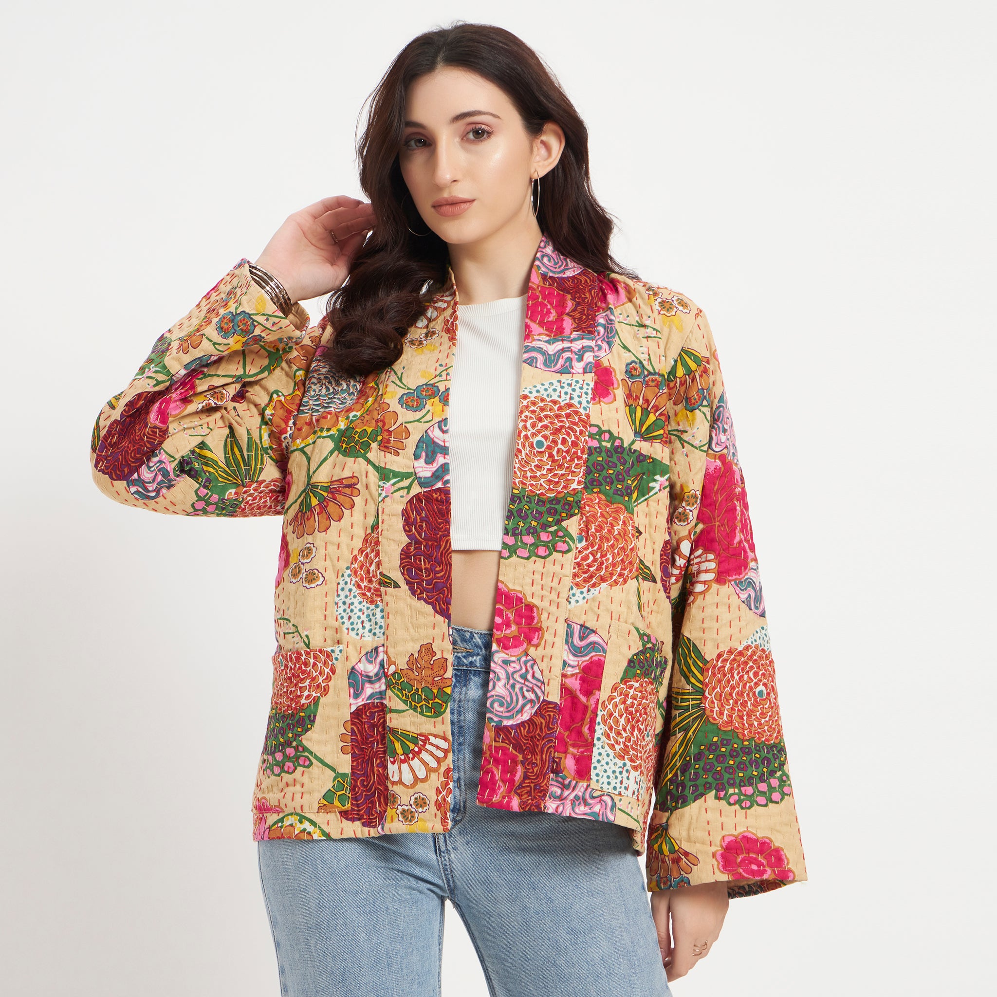 Beige Printed Cotton Kantha Jacket