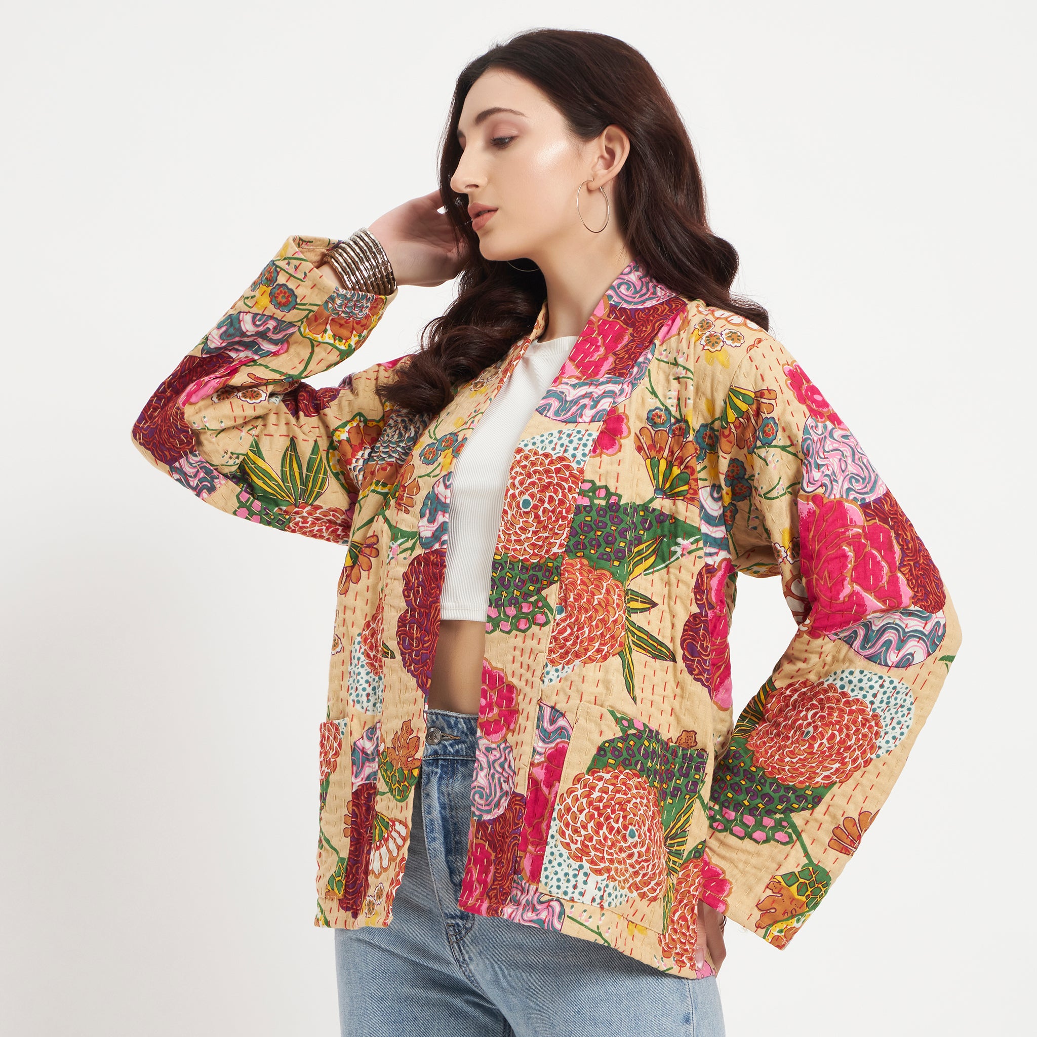 Beige Printed Cotton Kantha Jacket