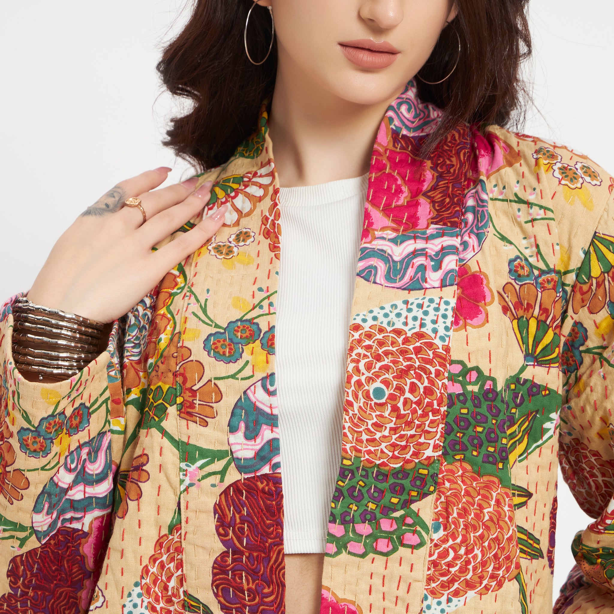 Beige Printed Cotton Kantha Jacket