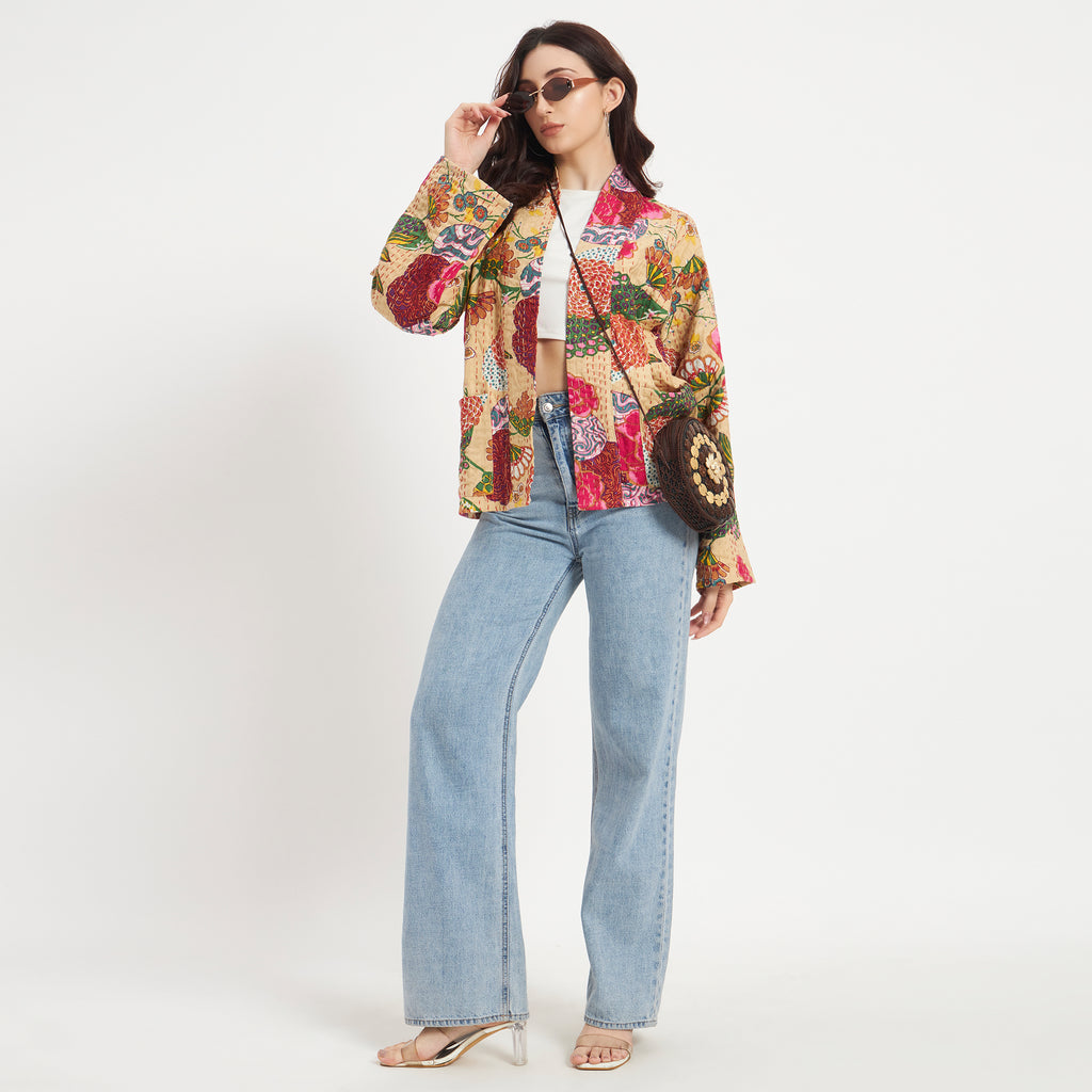 Beige Printed Cotton Kantha Jacket