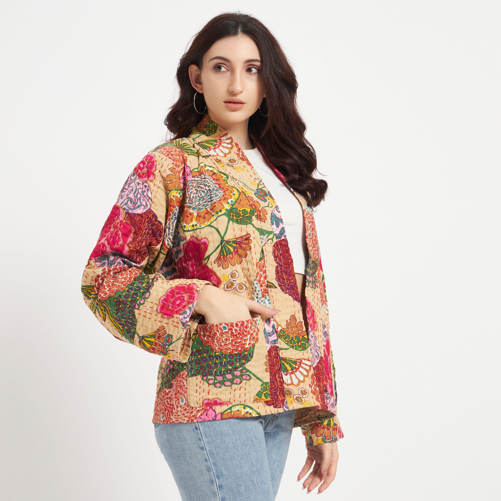 Beige Printed Cotton Kantha Jacket
