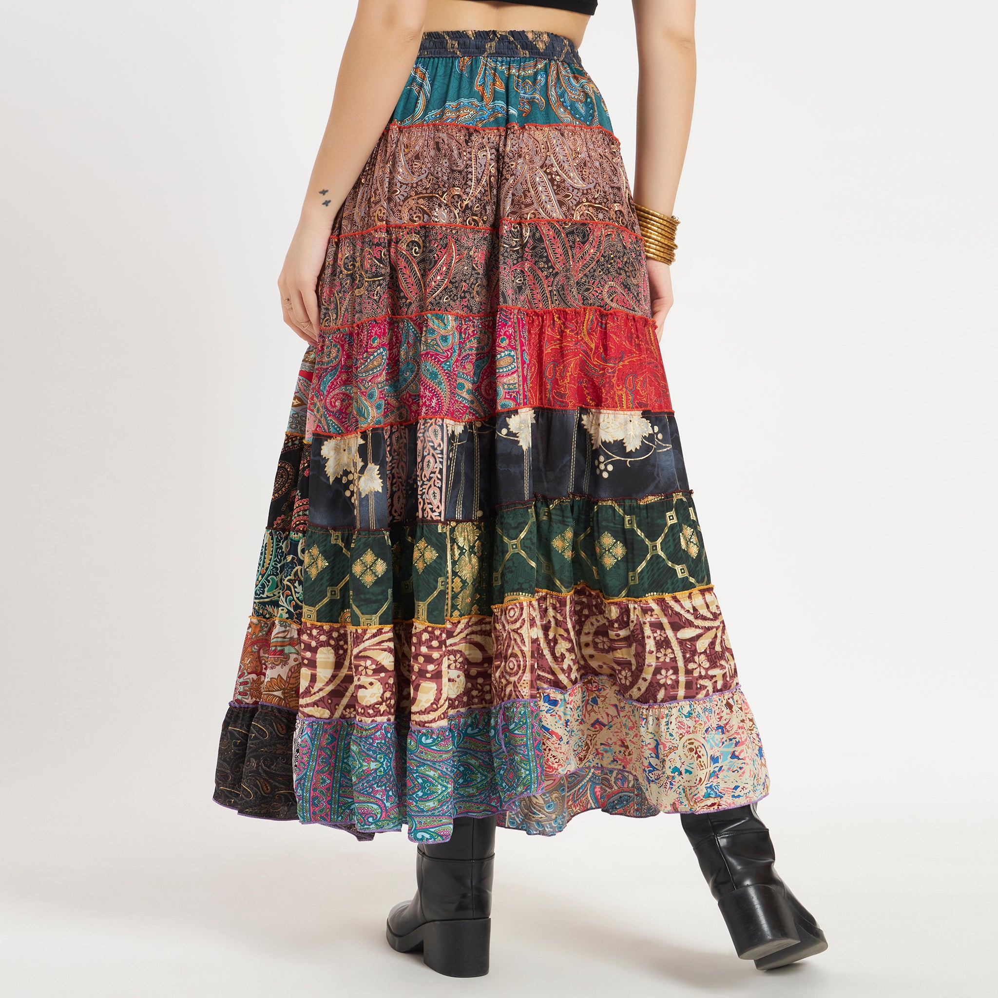 Multicolor Handmade Sari Silk Tiered Patchwork Skirt