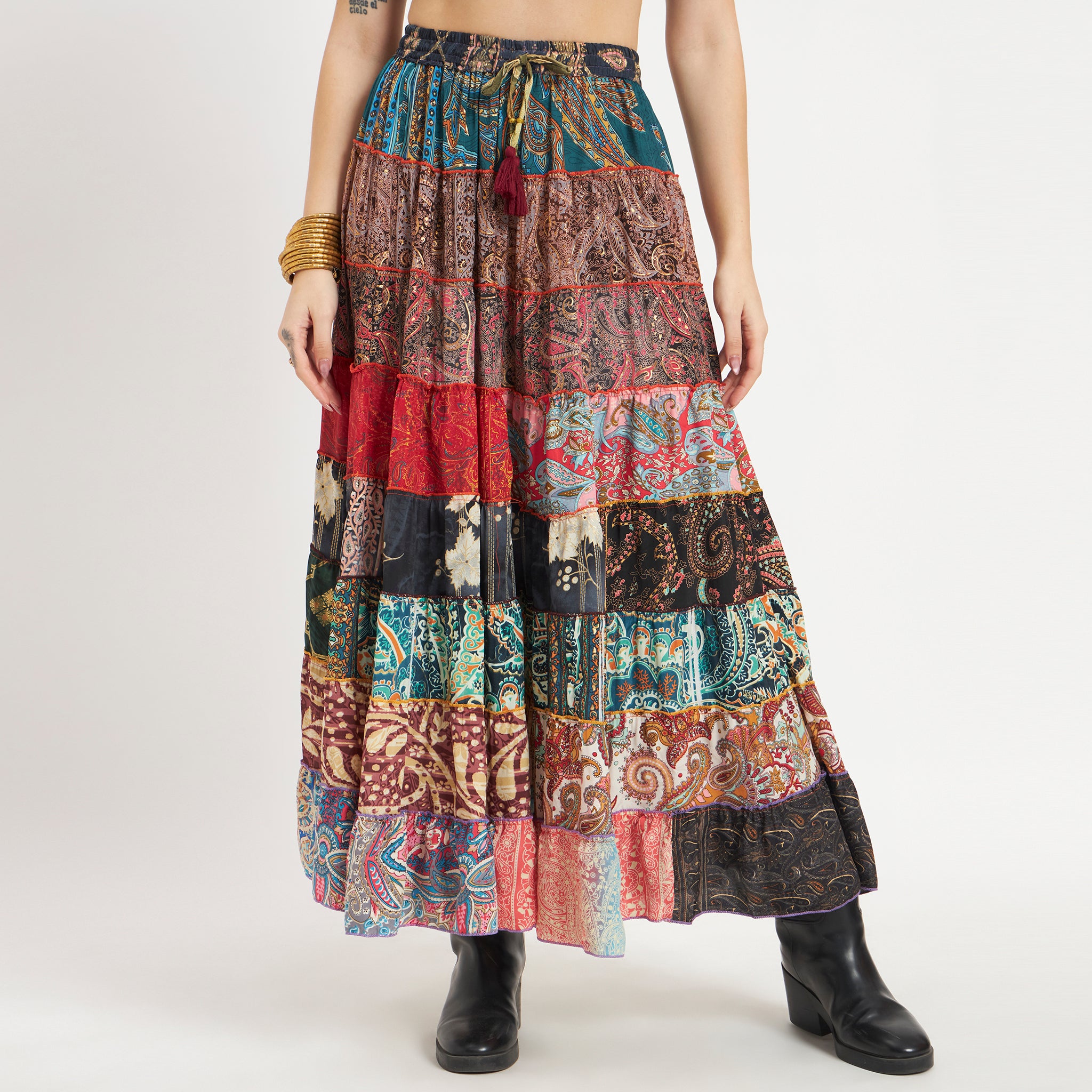 Multicolor Handmade Sari Silk Tiered Patchwork Skirt