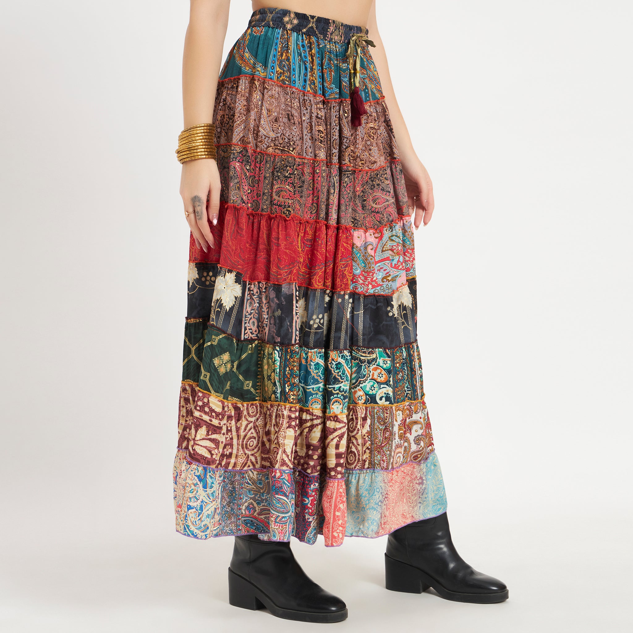 Multicolor Handmade Sari Silk Tiered Patchwork Skirt