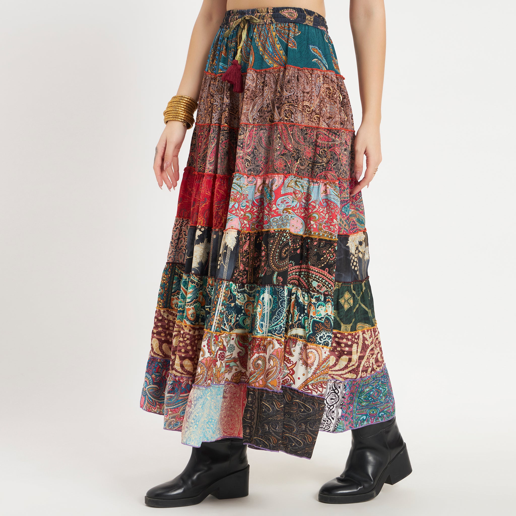 Multicolor Handmade Sari Silk Tiered Patchwork Skirt