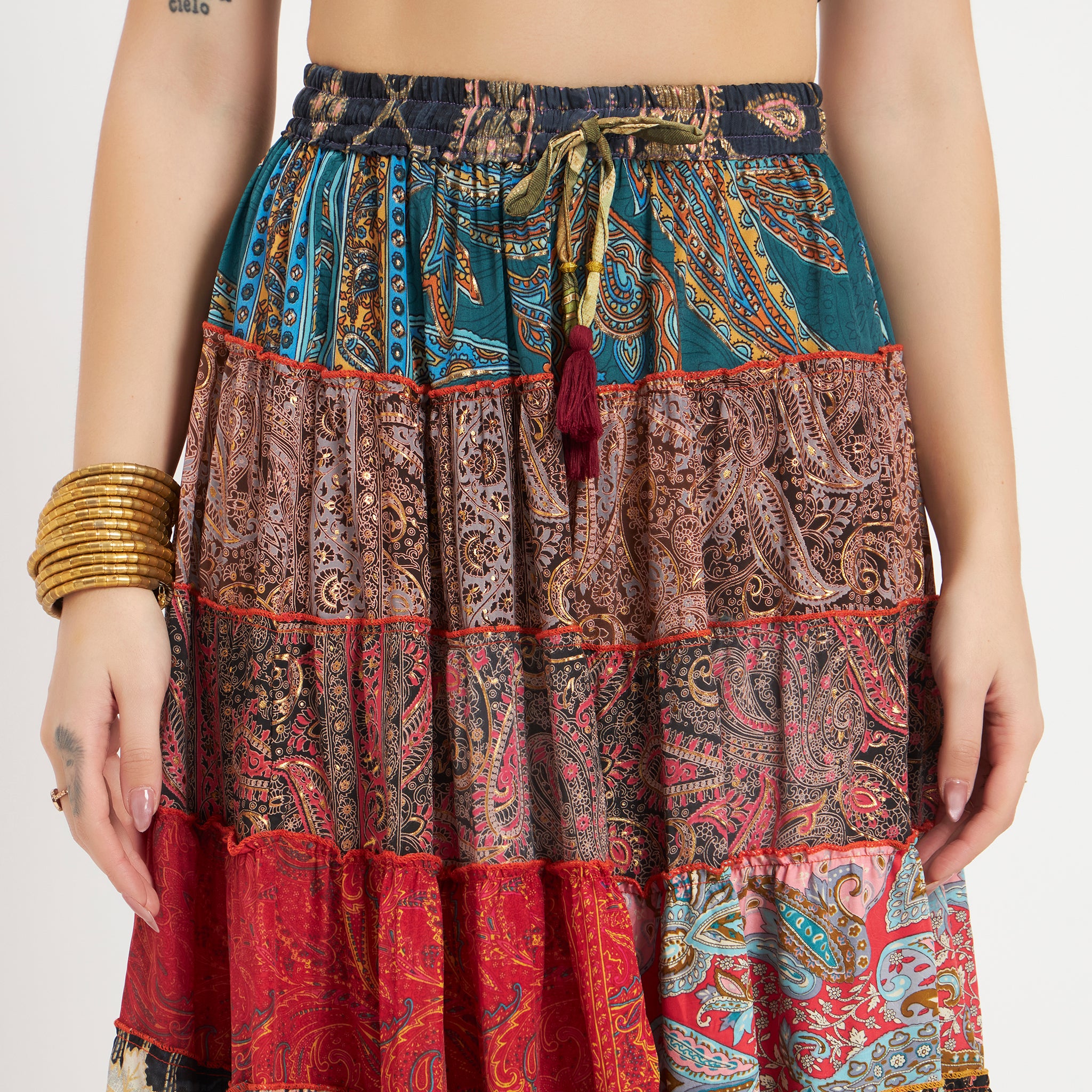 Multicolor Handmade Sari Silk Tiered Patchwork Skirt