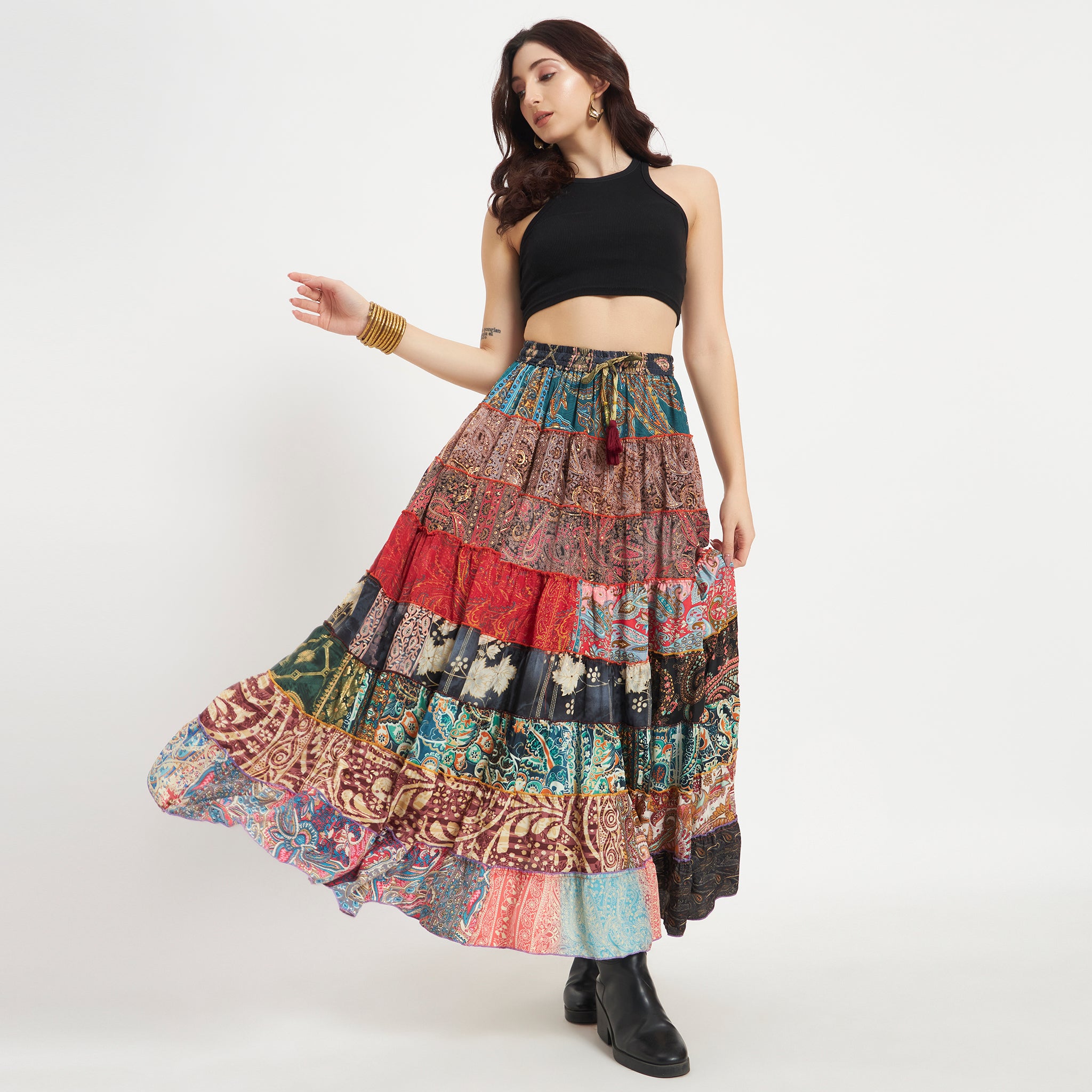 Multicolor Handmade Sari Silk Tiered Patchwork Skirt