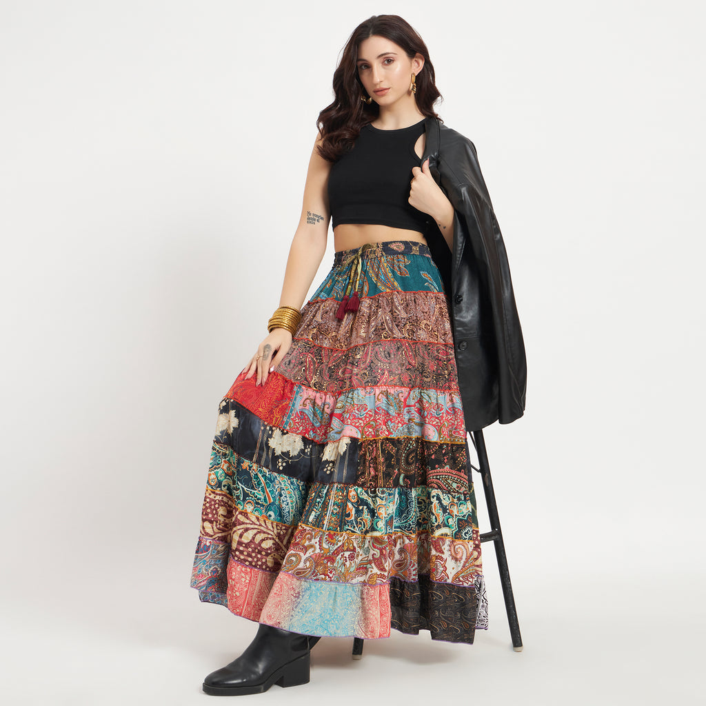 Multicolor Handmade Sari Silk Tiered Patchwork Skirt