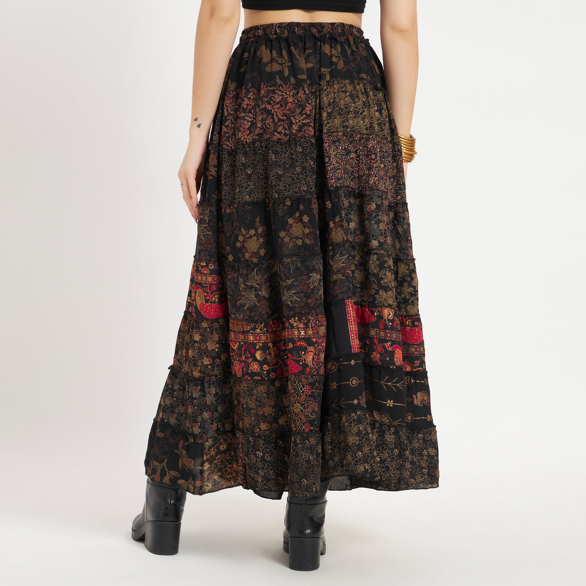 Black Handmade Sari Silk Tiered Patchwork Skirt