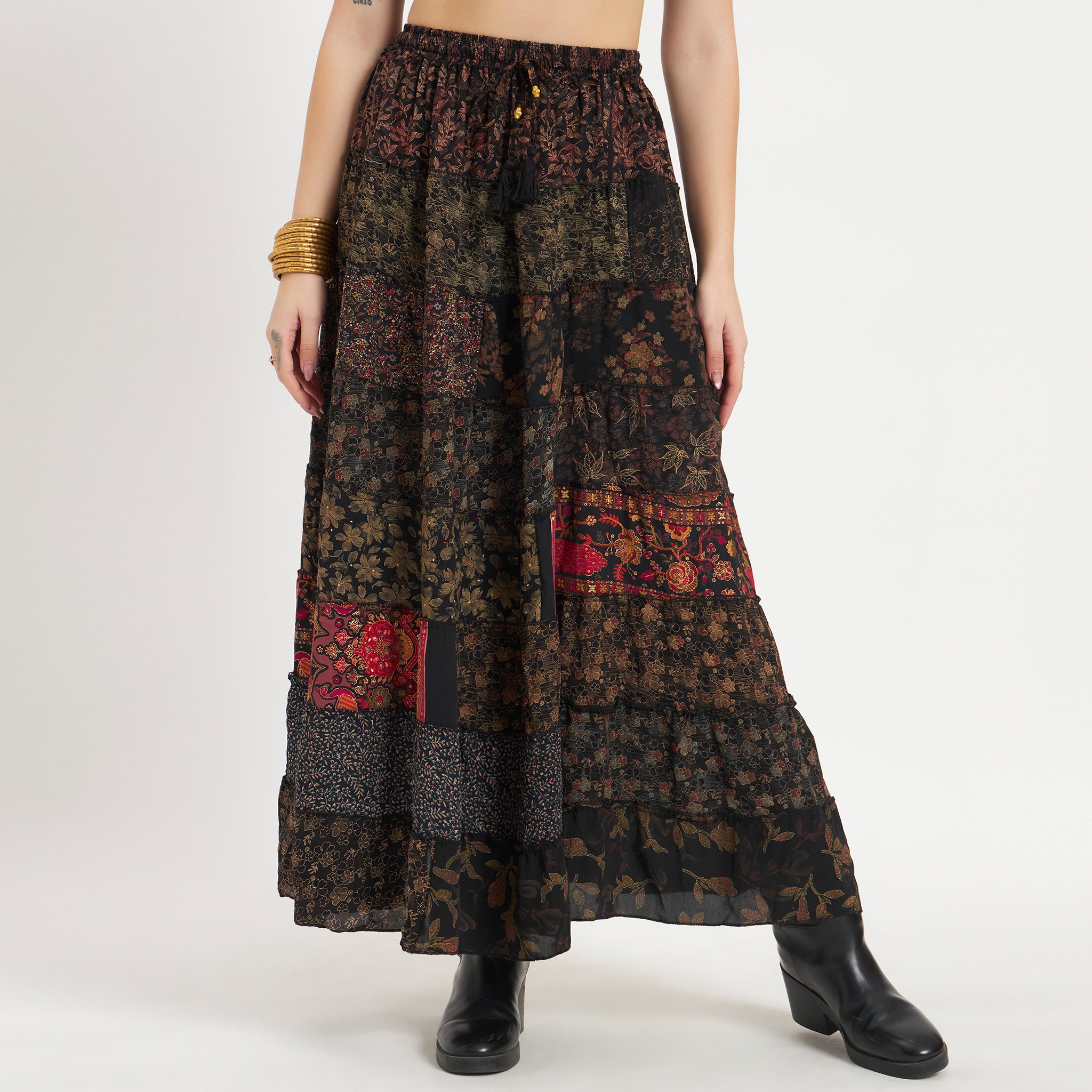 Black Handmade Sari Silk Tiered Patchwork Skirt