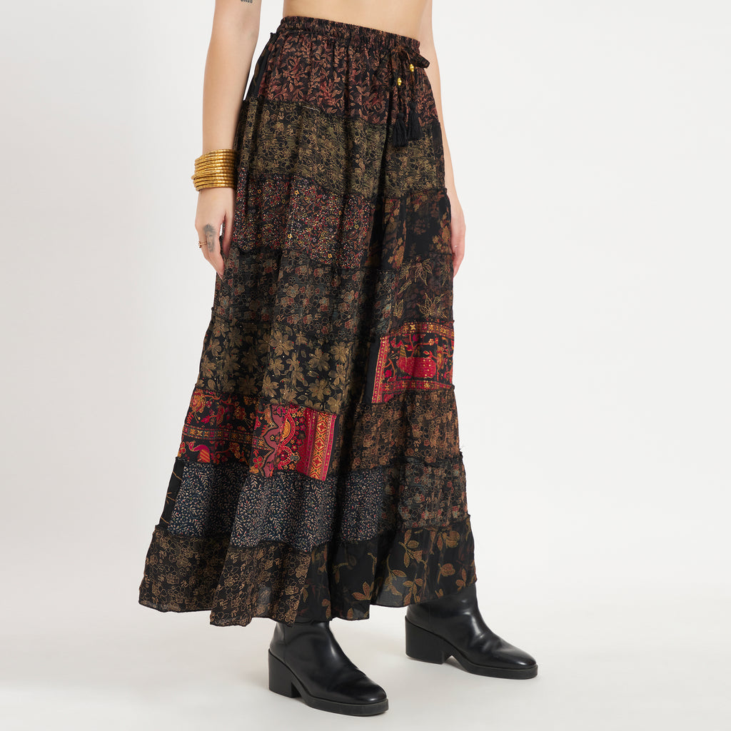 Black Handmade Sari Silk Tiered Patchwork Skirt