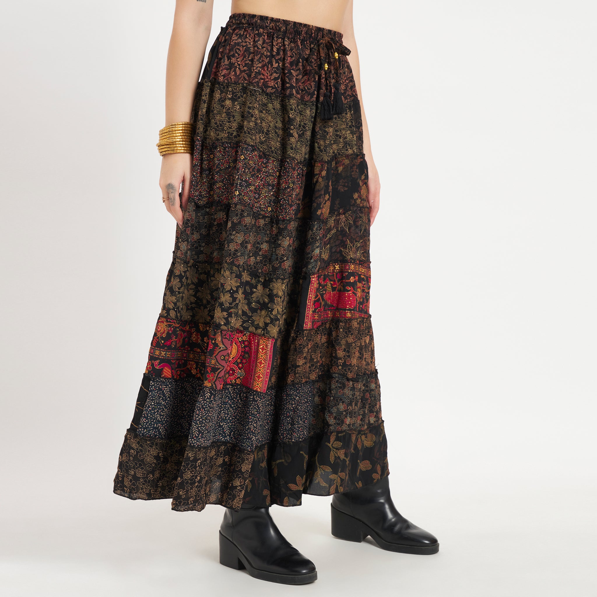 Black Handmade Sari Silk Tiered Patchwork Skirt