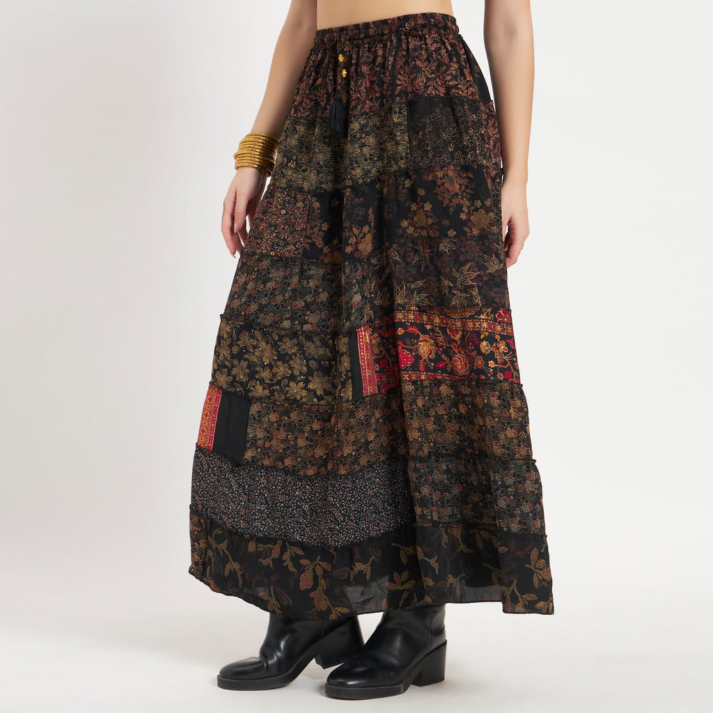 Black Handmade Sari Silk Tiered Patchwork Skirt