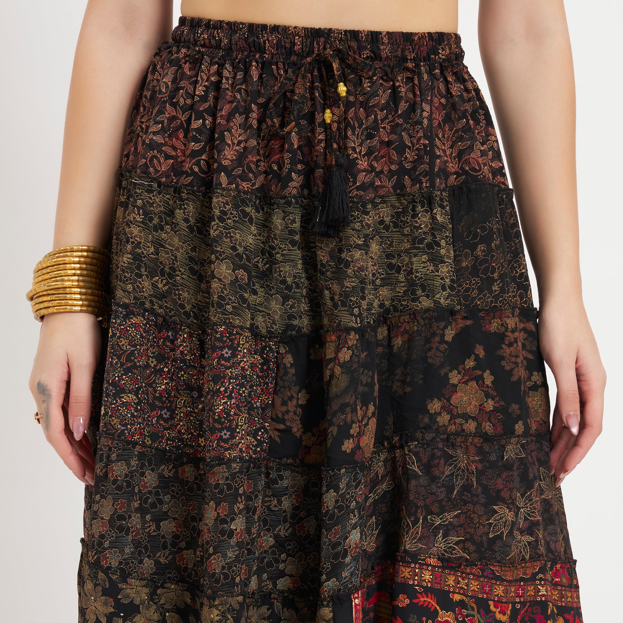 Black Handmade Sari Silk Tiered Patchwork Skirt