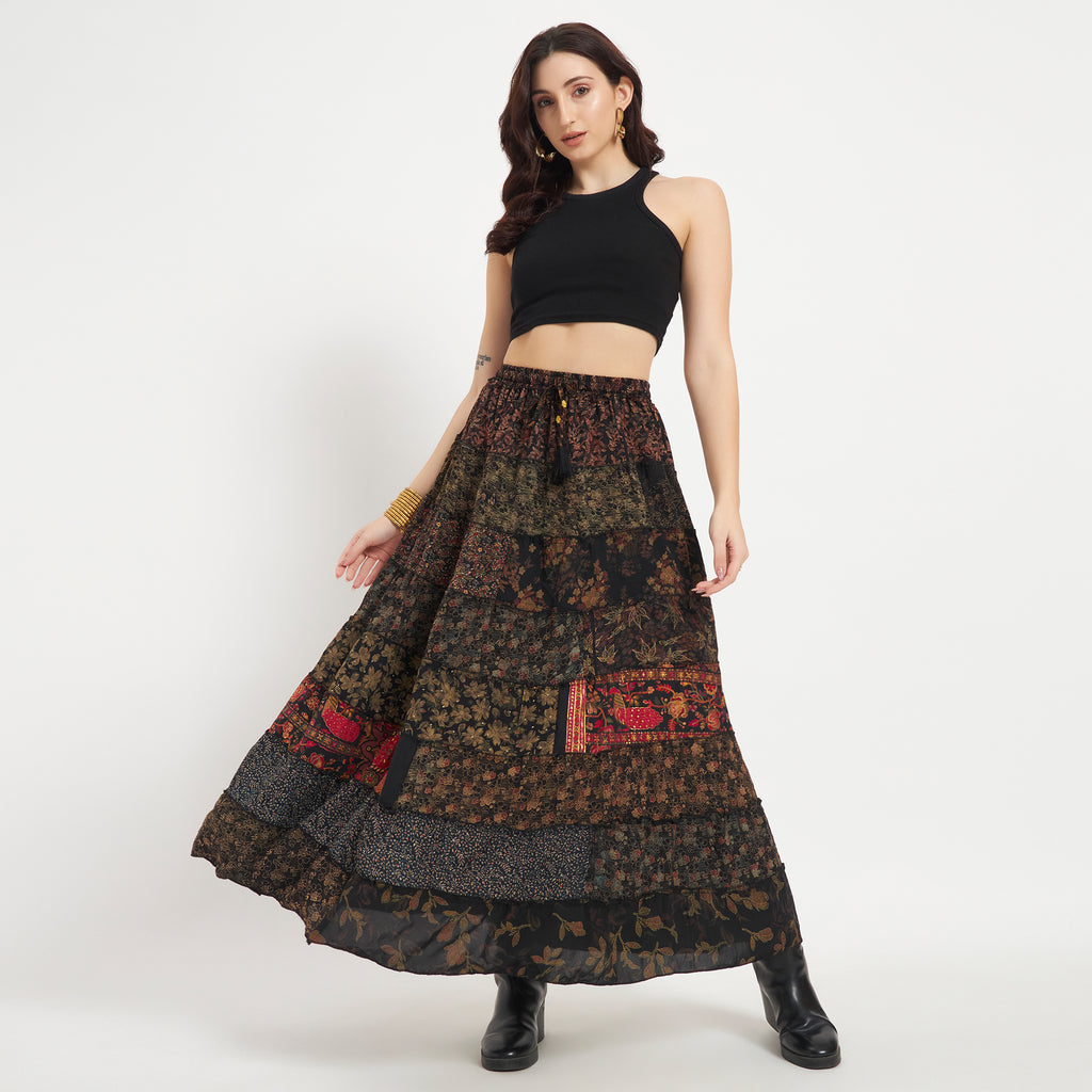 Black Handmade Sari Silk Tiered Patchwork Skirt