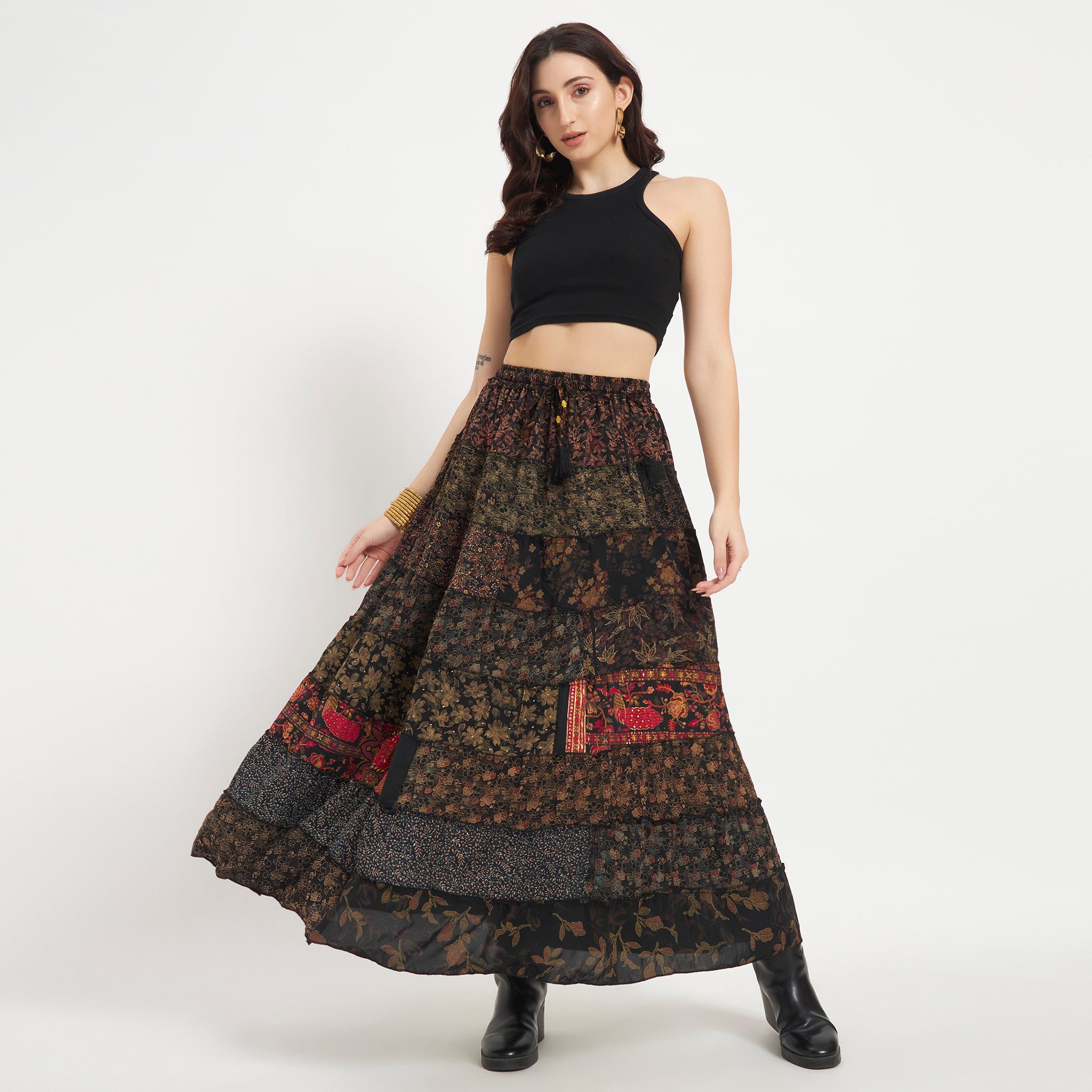 Black Handmade Sari Silk Tiered Patchwork Skirt