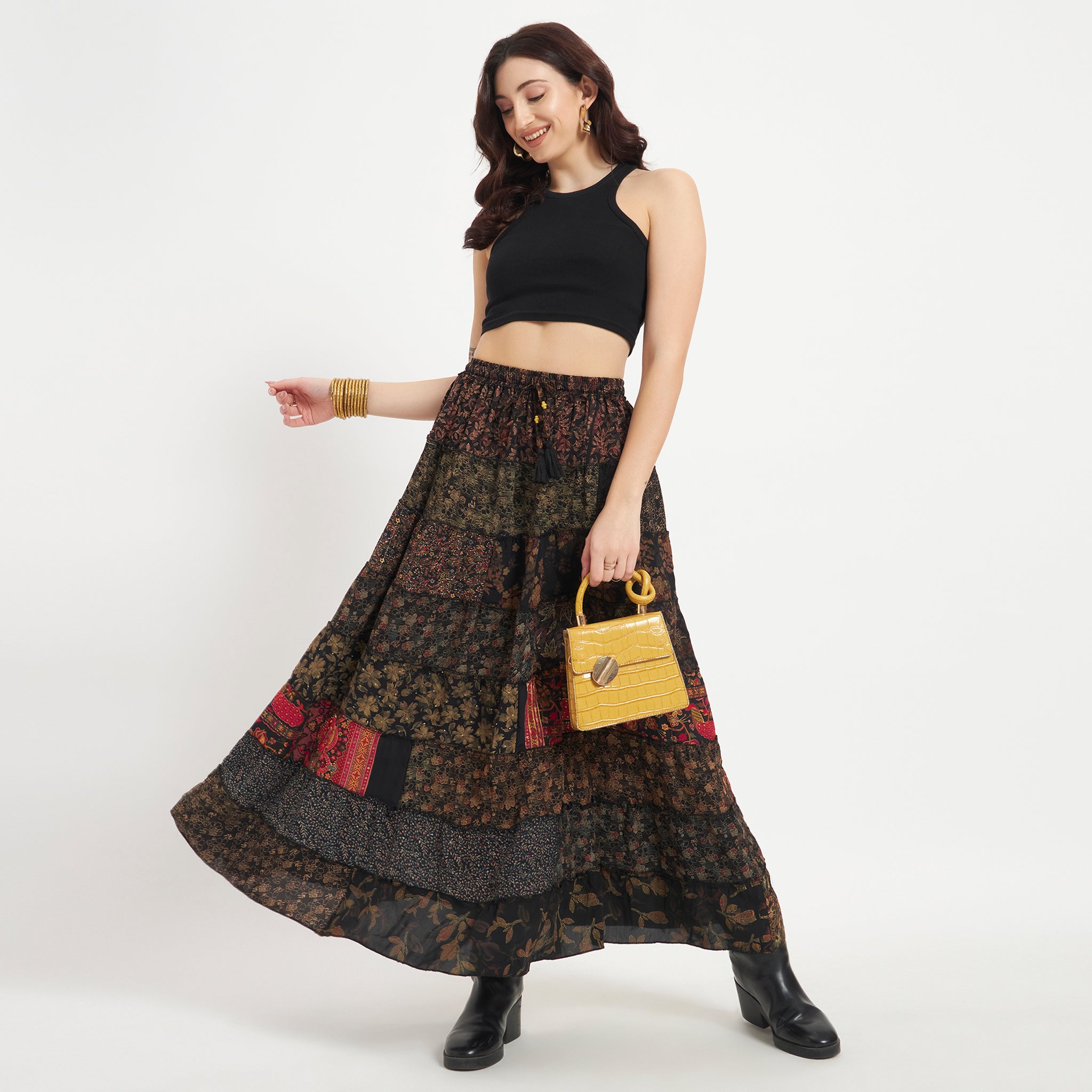 Black Handmade Sari Silk Tiered Patchwork Skirt