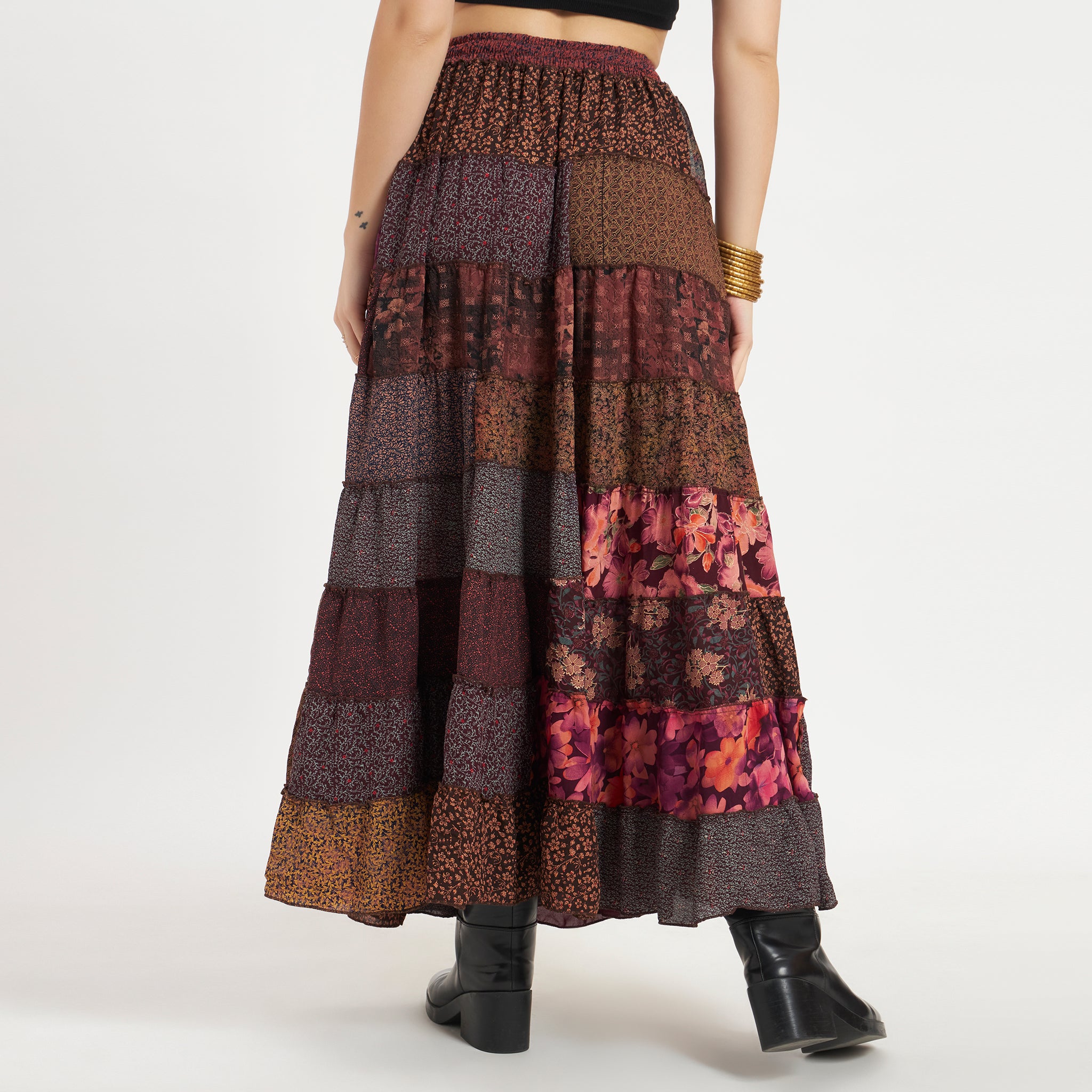 Brown Handmade Sari Silk Tiered Patchwork Skirt