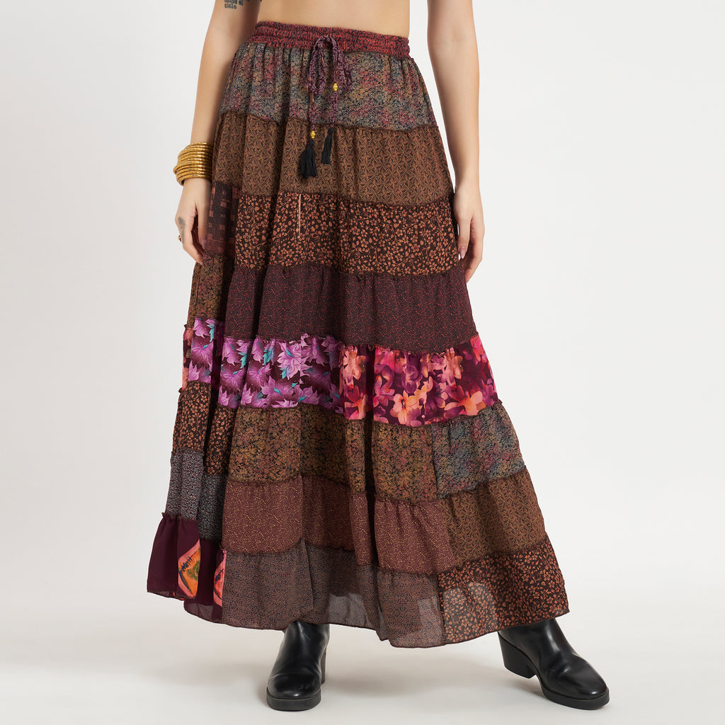 Brown Handmade Sari Silk Tiered Patchwork Skirt