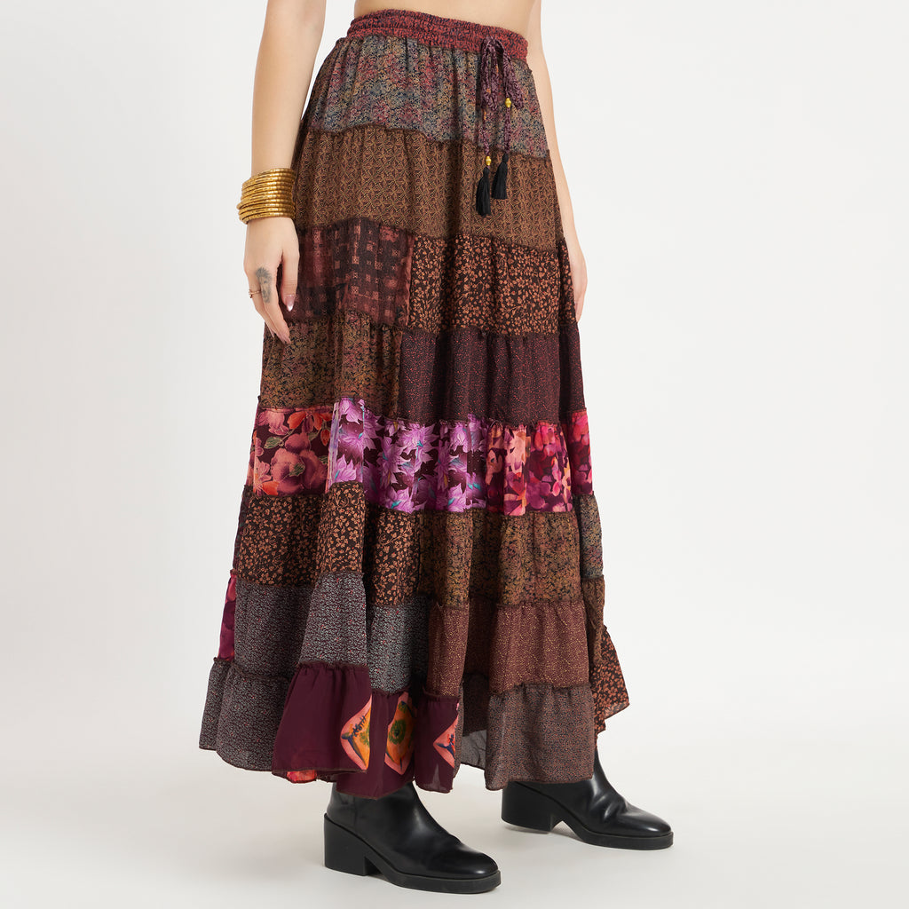 Brown Handmade Sari Silk Tiered Patchwork Skirt