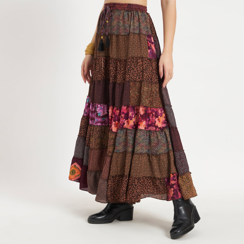 Brown Handmade Sari Silk Tiered Patchwork Skirt