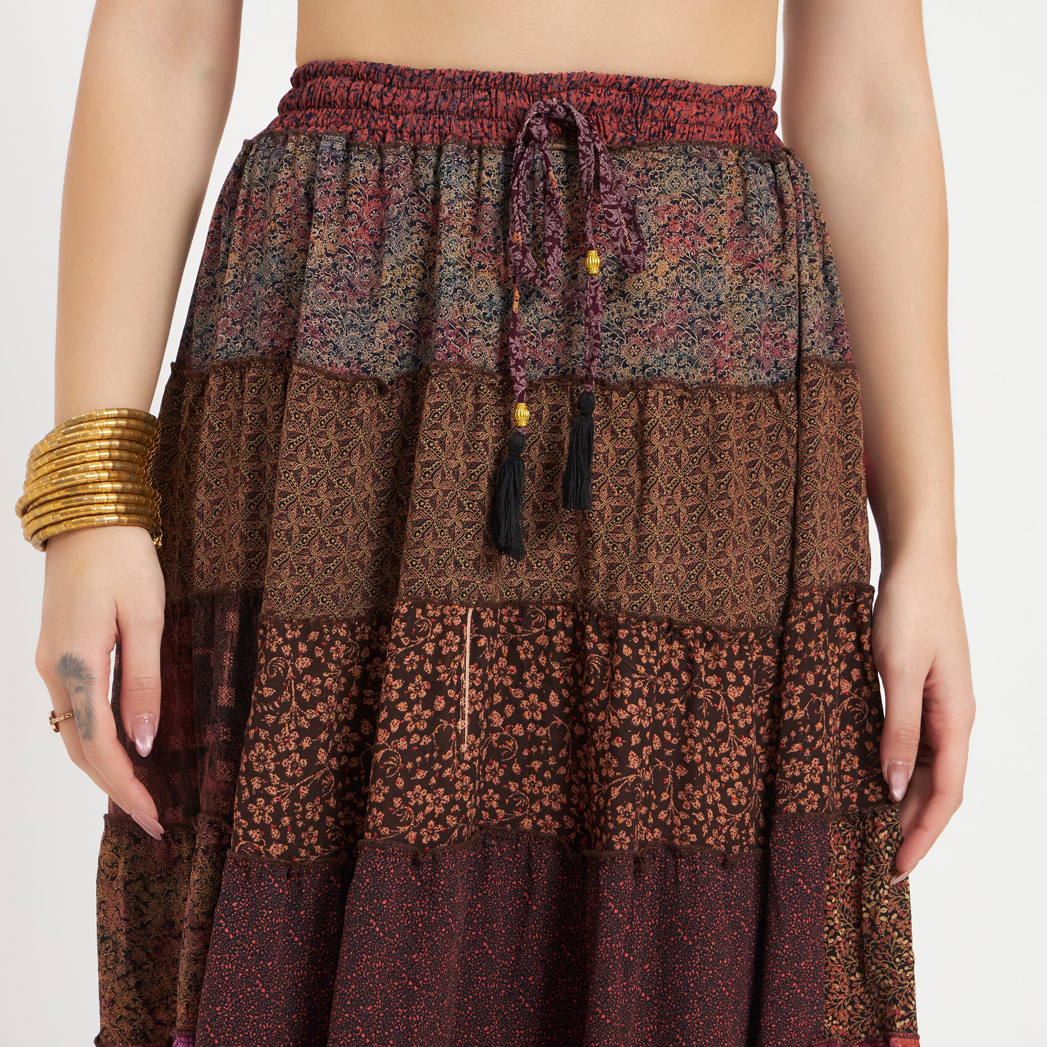 Brown Handmade Sari Silk Tiered Patchwork Skirt